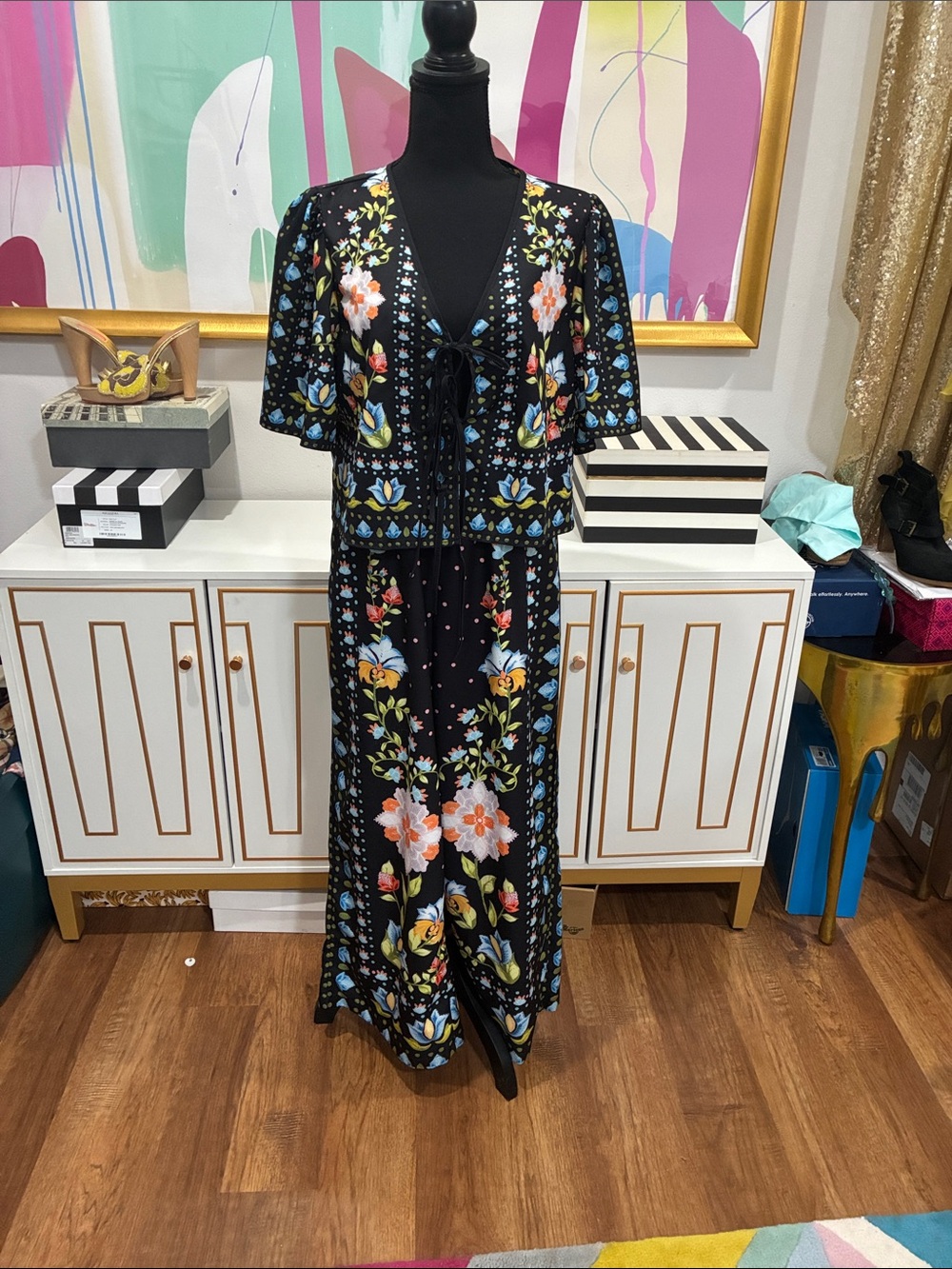 Floral Tie-Front Black pant set